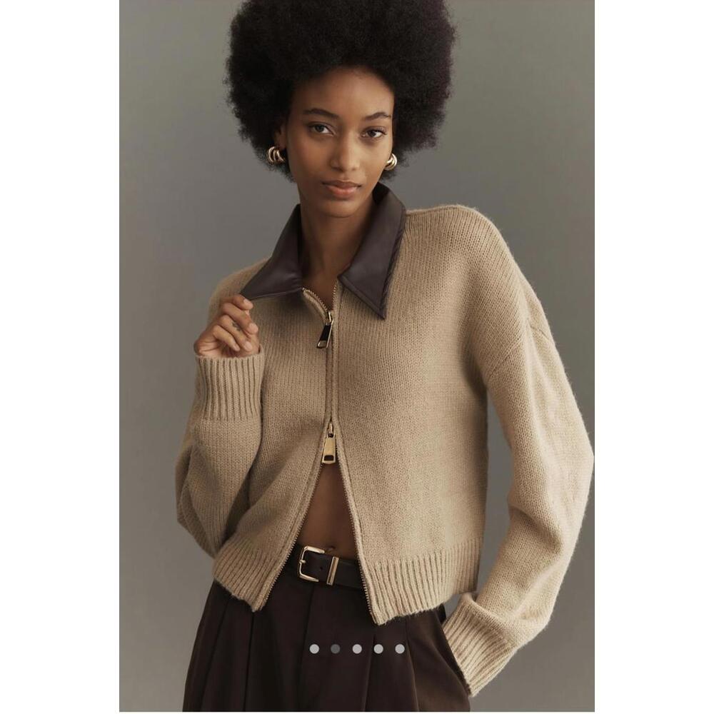 Anthropologie Tan Knit Zip-Front Sweater with Brown Collar